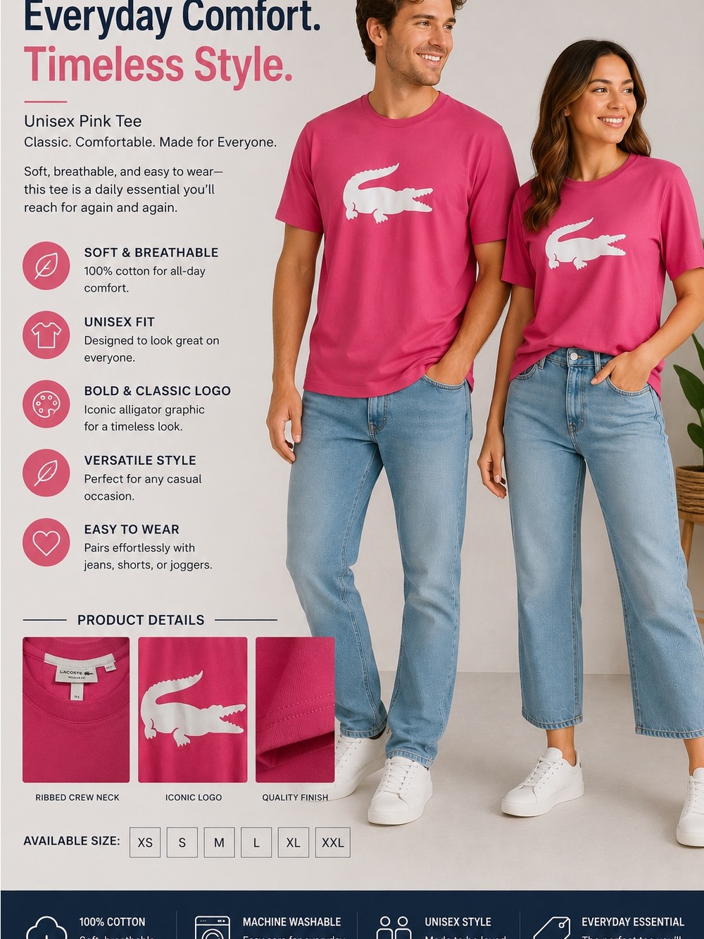 Lacoste Pink Alligator Graphic Tee- Mens Xl, women’s XXL
